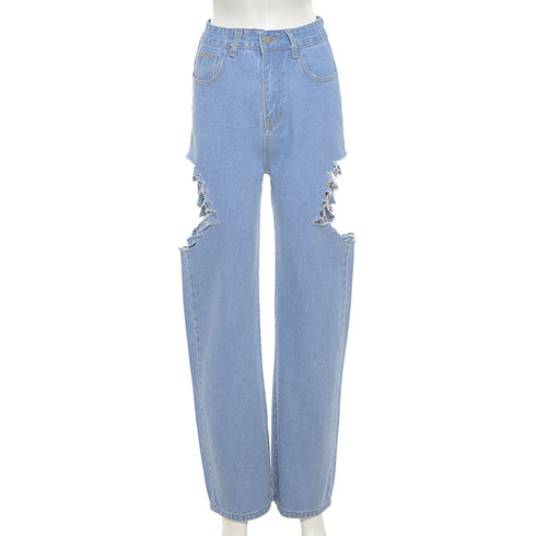 High Waist Slim Straight Pants Ripped Casual Jeans - ROUTINE FASHION